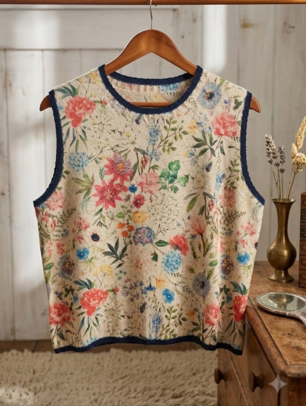 Vintage Sleeveless Floral Knit Top with Navy Trim